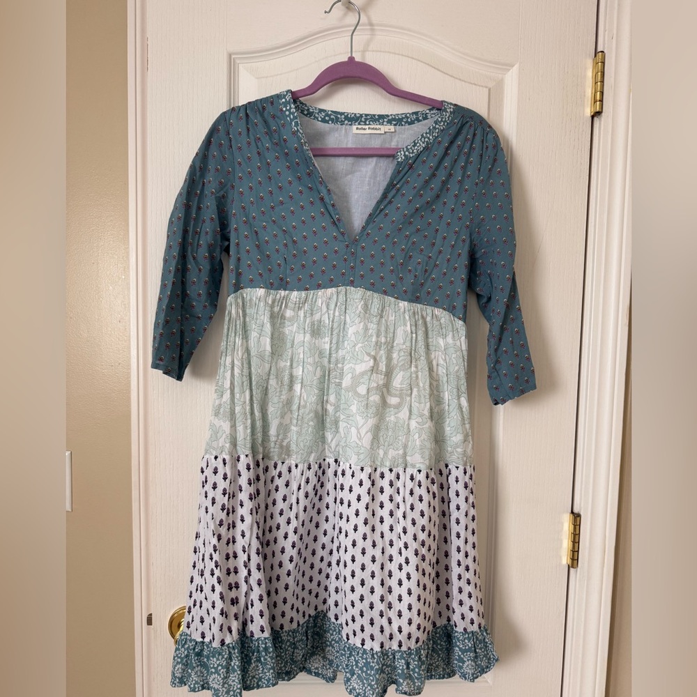 Roller Rabbit XS Patchwork Print Cotton Dress Boho Tiered 3/4 Sleeve